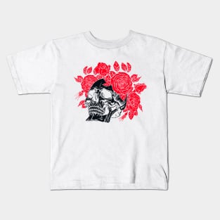 Skull with floral. Red Roses wreath Kids T-Shirt